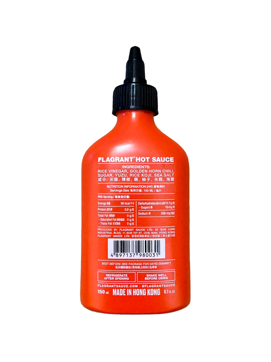 Flagrant koji fermented yuzu chili sauce, 150ml bottle, back label